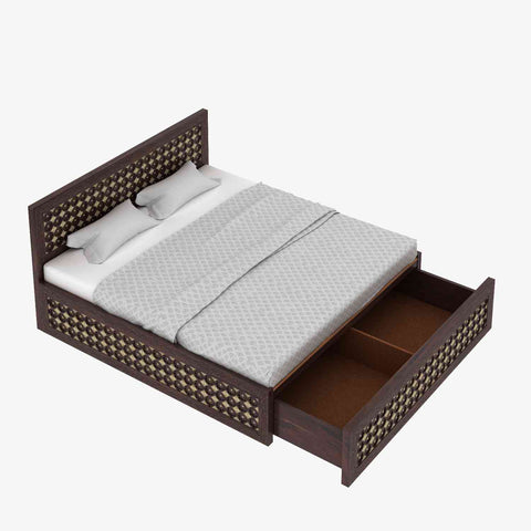 Maharana Solid Sheesham Wood Bed With Box And Drawer Storage (King Size, Walnut Finish)