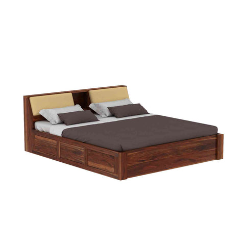 Rubikk Solid Sheesham Wood Hydraulic Bed With Box Storage (King Size, Natural Finish)