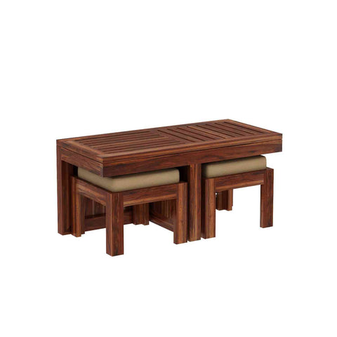 Essen Solid Sheesham Wood Coffee Table With 2 Stools (Natural Finish)