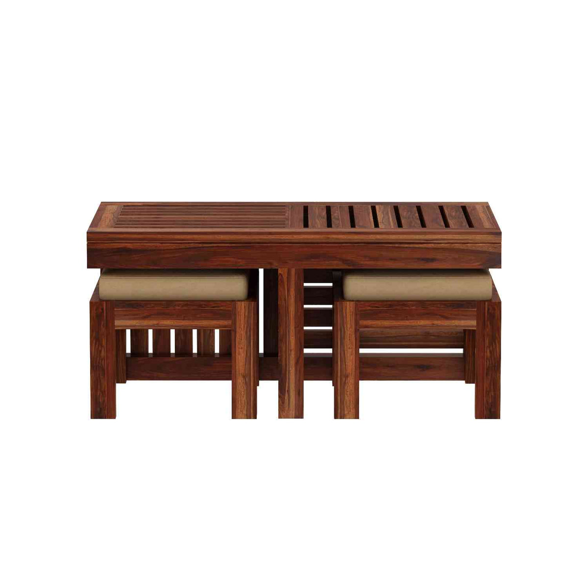 Essen Solid Sheesham Wood Coffee Table With 2 Stools (Natural Finish)