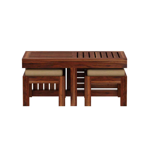 Essen Solid Sheesham Wood Coffee Table With 2 Stools (Natural Finish)