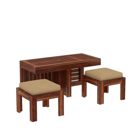 Essen Solid Sheesham Wood Coffee Table With 2 Stools (Natural Finish)