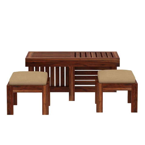 Essen Solid Sheesham Wood Coffee Table With 2 Stools (Natural Finish)