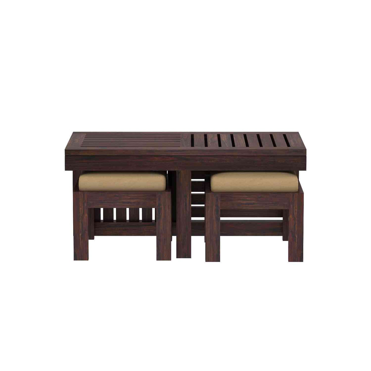 Essen Solid Sheesham Wood Coffee Table With 2 Stools (Walnut Finish)