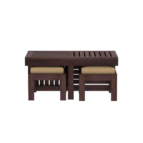 Essen Solid Sheesham Wood Coffee Table With 2 Stools (Walnut Finish)