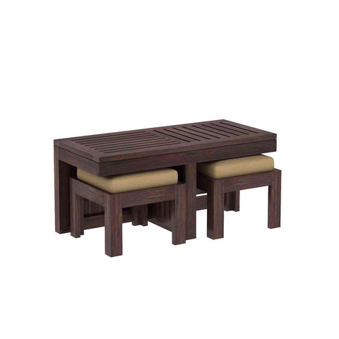 Essen Solid Sheesham Wood Coffee Table With 2 Stools (Walnut Finish)