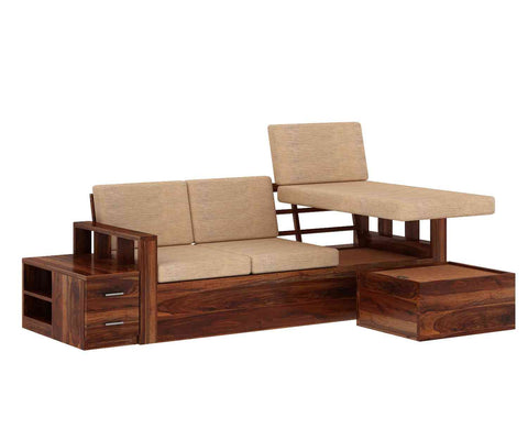 Feelinn Solid Sheesham Wood 3 Seater L Shape Sofa With Storage (Natural Finish)
