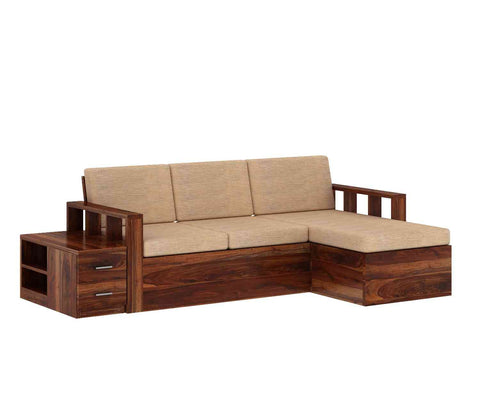 Feelinn Solid Sheesham Wood 3 Seater L Shape Sofa With Storage (Natural Finish)
