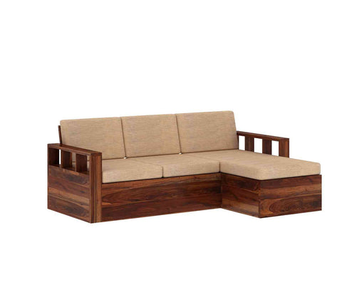 Feelinn Solid Sheesham Wood 3 Seater L Shape Sofa With Storage (Natural Finish)