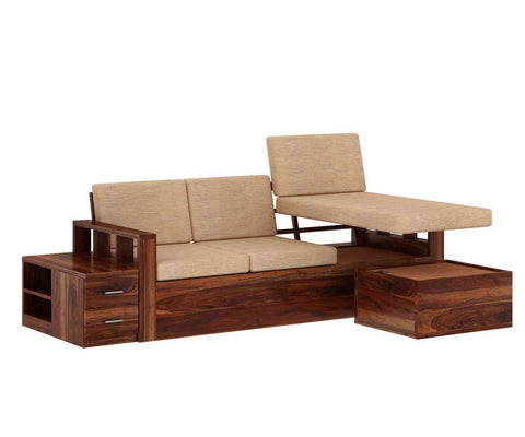 Feelinn Solid Sheesham Wood 3 Seater L Shape Sofa With Storage (Natural Finish)