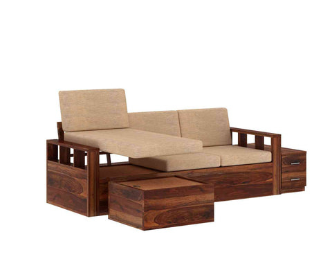 Feelinn Solid Sheesham Wood 3 Seater L Shape Sofa With Storage (Natural Finish)