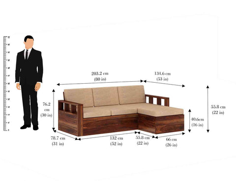 Feelinn Solid Sheesham Wood 3 Seater L Shape Sofa With Storage (Natural Finish)