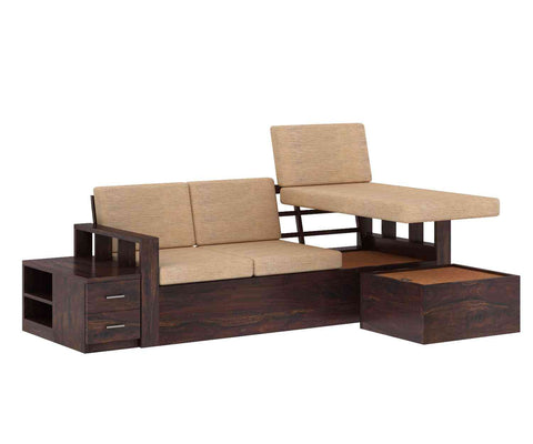 Feelinn Solid Sheesham Wood 3 Seater L Shape Sofa With Storage (Walnut Finish)