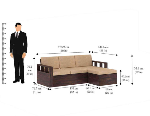 Feelinn Solid Sheesham Wood 3 Seater L Shape Sofa With Storage (Walnut Finish)