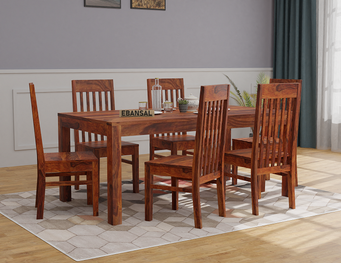 Minimal Solid Sheesham Wood 6 Seater Dining Set (Cushioned Chairs, Natural Finish)