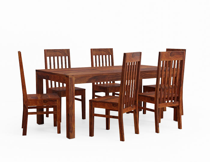 Minimal Solid Sheesham Wood 6 Seater Dining Set (Cushioned Chairs, Natural Finish)