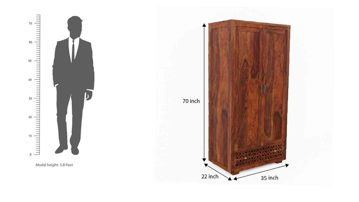 Monstro Solid Sheesham Wood Double Door Wardrobe With Drawers (Natural Finish)
