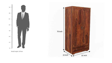 Monstro Solid Sheesham Wood Double Door Wardrobe With Drawers (Natural Finish)