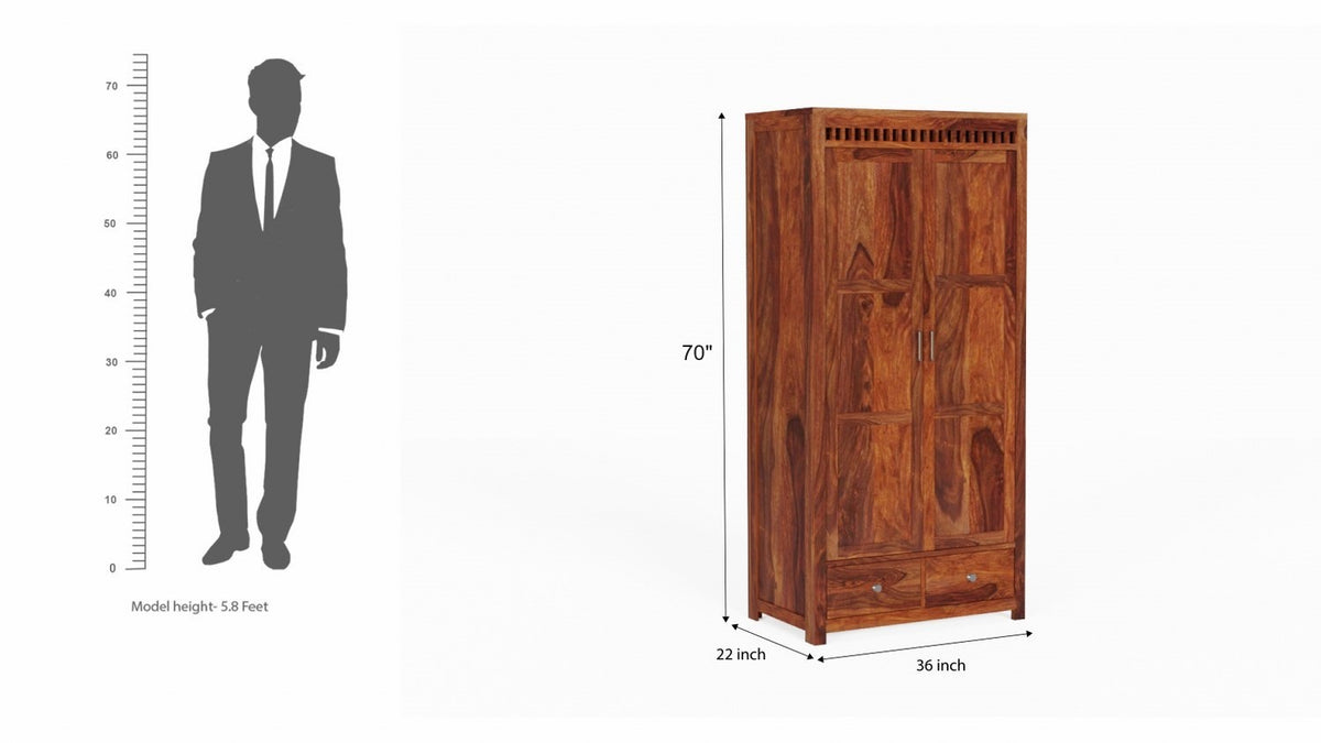 Amer Solid Sheesham Wood Double Door Wardrobe With Two Drawers (Natural Finish)