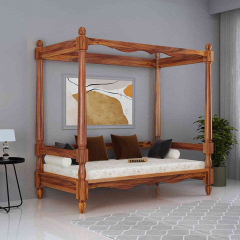 Revista Solid Sheesham Wood Poster Divan (With Mattress, Natural Finish)