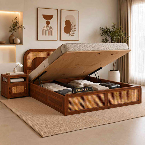 Canejoy Solid Sheesham Wood Hydraulic Bed With Box Storage (King Size, Natural Finish, Design 3)