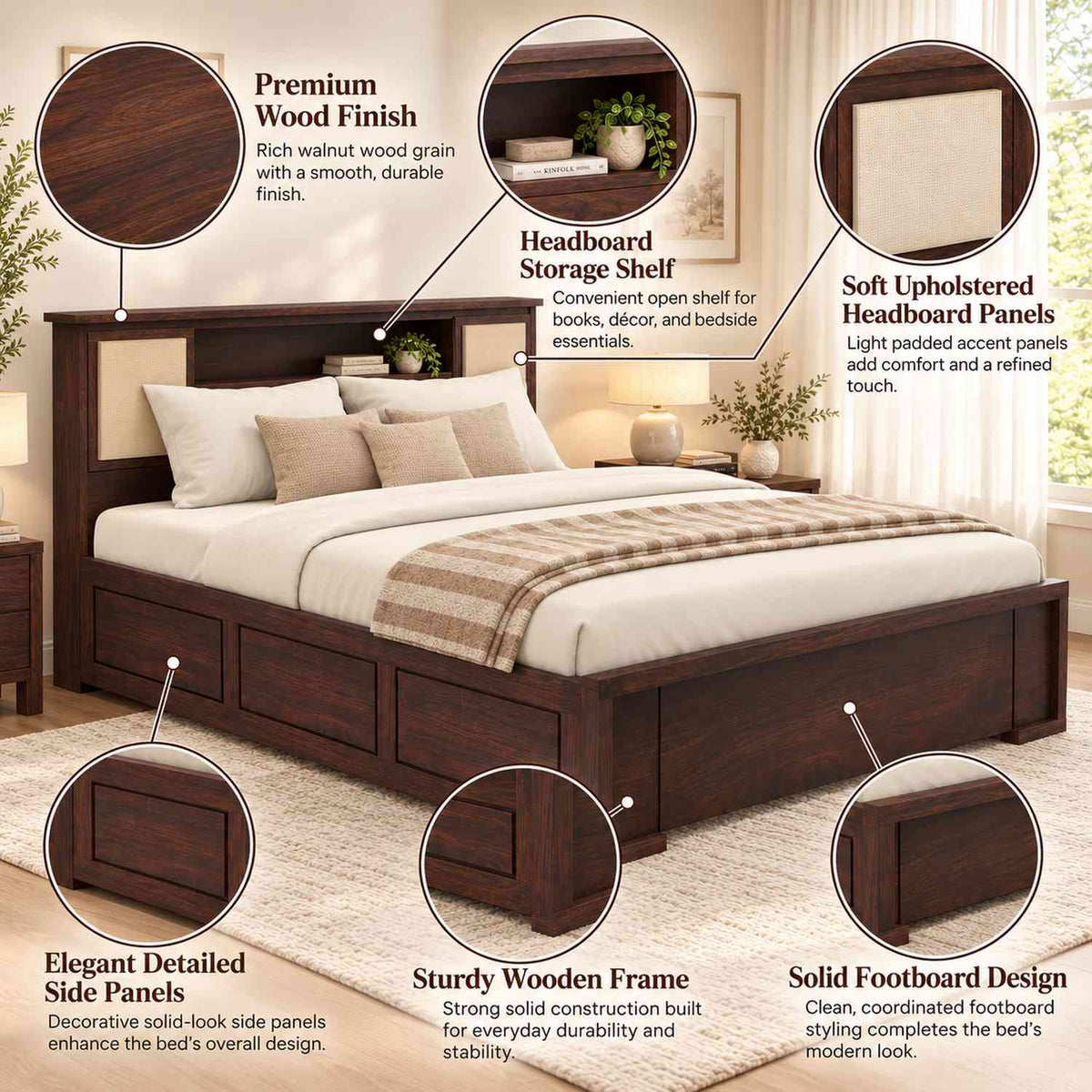 Feelinn Solid Sheesham Wood Bed With Box Storage (King Size, Walnut Finish)
