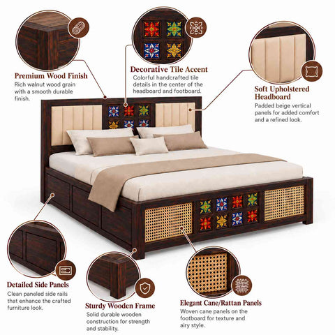 Canejoy Solid Sheesham Wood Bed With Box Storage (Queen Size, Walnut Finish, Design 2)