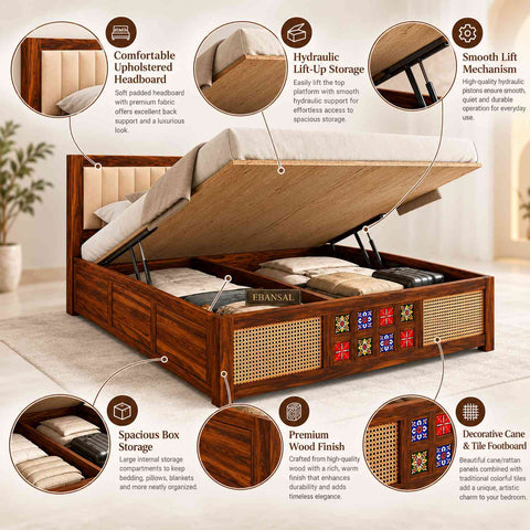 Canejoy Solid Sheesham Wood Hydraulic Bed With Box Storage With Cushion (King Size, Natural Finish, Design 2)