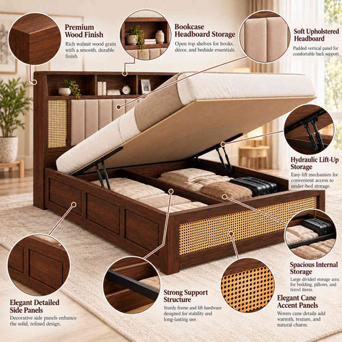 Canejoy Solid Sheesham Wood Hydraulic Bed With Box Storage (King Size, Walnut Finish, Design 4)