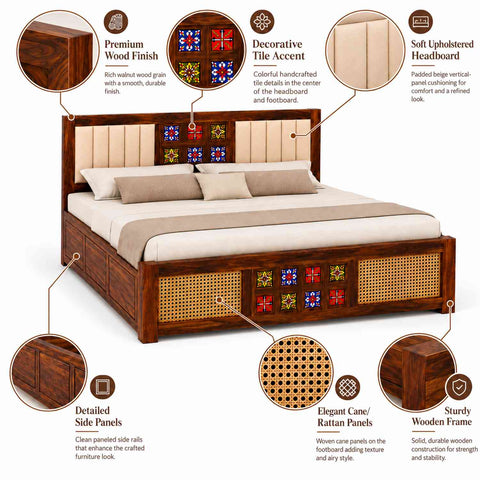 Canejoy Solid Sheesham Wood Bed With Box Storage (King Size, Natural Finish, Design 2)
