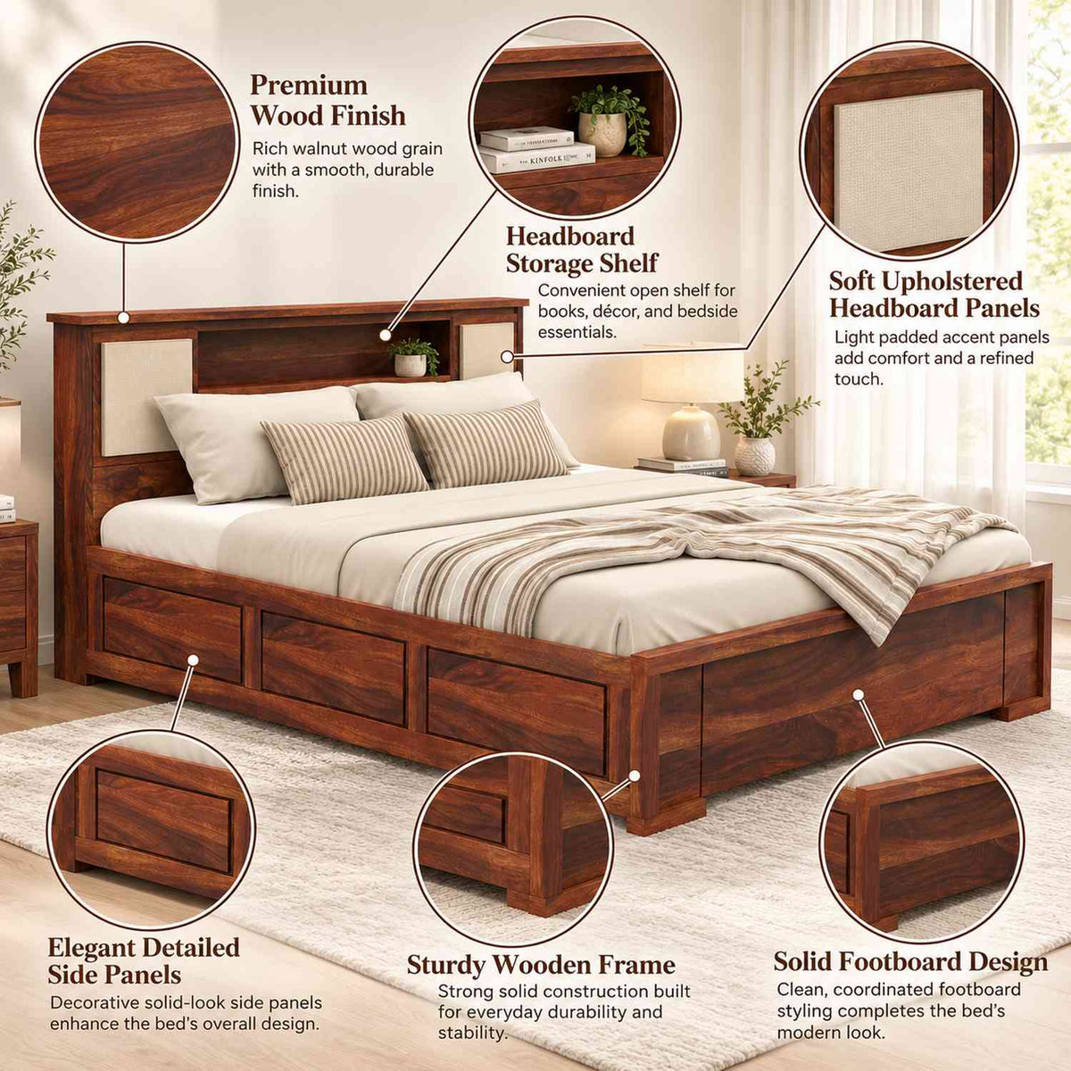 Feelinn Solid Sheesham Wood Bed With Box Storage (Queen Size, Natural Finish)