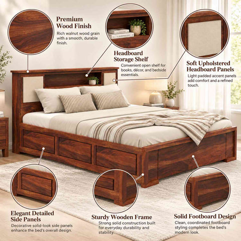 Feelinn Solid Sheesham Wood Bed With Box Storage (King Size, Natural Finish)
