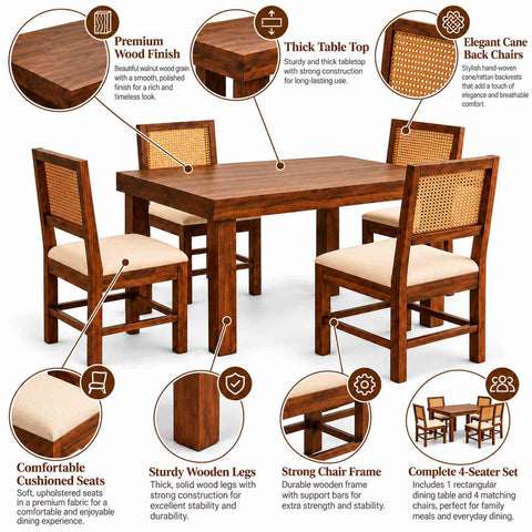 Canejoy Solid Sheesham Wood 4 Seater Dining Table With 4 Chairs (Walnut Finish, With Cushion)