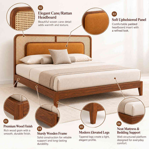 Canejoy Solid Sheesham Wood Bed Without Storage With Cushion (Queen Size, Natural Finish)