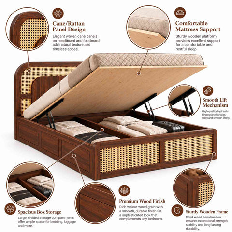 Canejoy Solid Sheesham Wood Hydraulic Bed With Box Storage (King Size, Walnut Finish, Design 3)