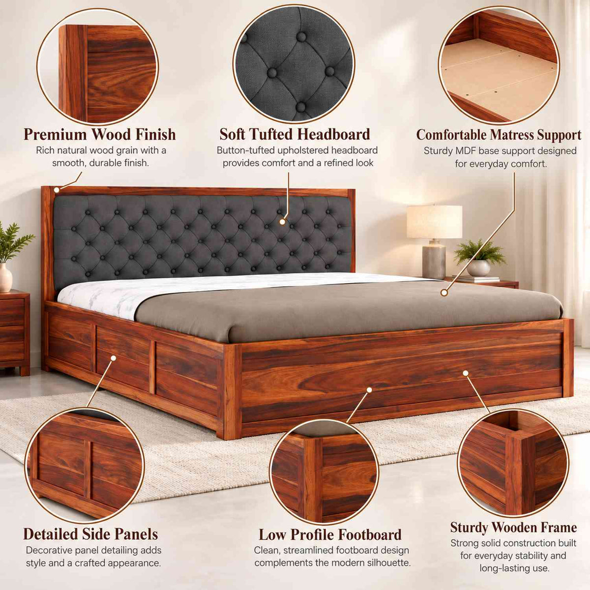 Elementra Solid Sheesham Wood Bed With Box Storage (Queen Size, Natural Finish)