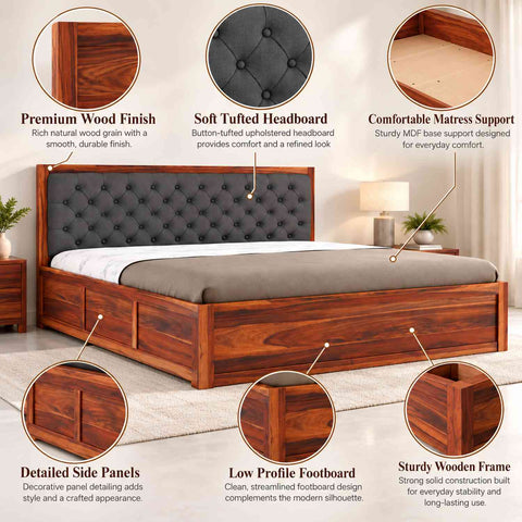 Elementra Solid Sheesham Wood Bed With Box Storage (King Size, Natural Finish)