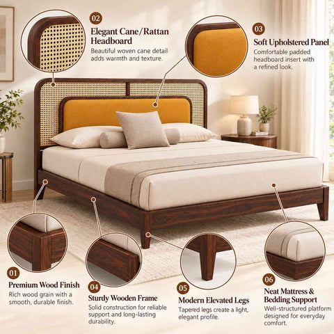 Canejoy Solid Sheesham Wood Bed Without Storage With Cushion (King Size, Walnut Finish)