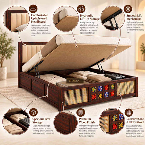 Canejoy Solid Sheesham Wood Hydraulic Bed With Box Storage With Cushion (King Size, Walnut Finish, Design 2)