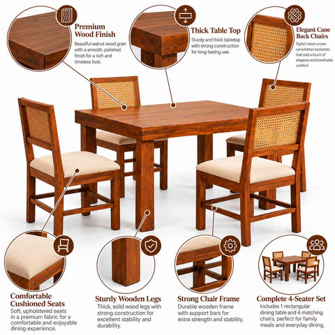 Canejoy Solid Sheesham Wood 4 Seater Dining Table With 4 Chairs (Natural Finish, With Cushion)