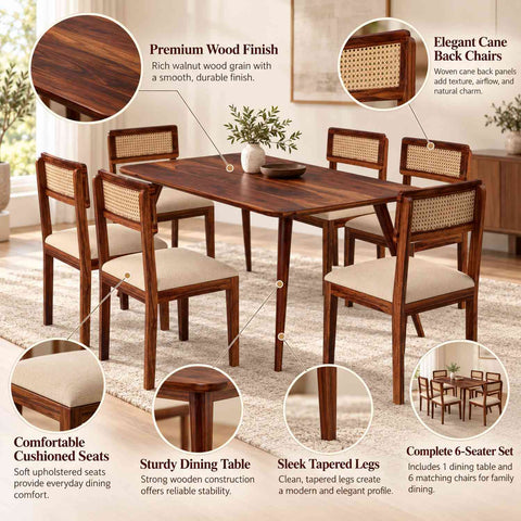 Canejoy Solid Sheesham Wood 6 Seater Dining Table With 6 Chairs (With Cushion, Natural Finish)