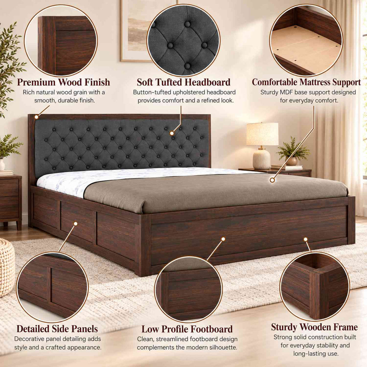 Elementra Solid Sheesham Wood Bed With Box Storage (King Size, Walnut Finish)