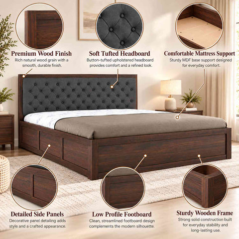 Elementra Solid Sheesham Wood Bed With Box Storage (King Size, Walnut Finish)