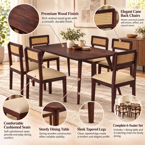 Canejoy Solid Sheesham Wood 6 Seater Dining Table With 6 Chairs (With Cushion, Walnut Finish)