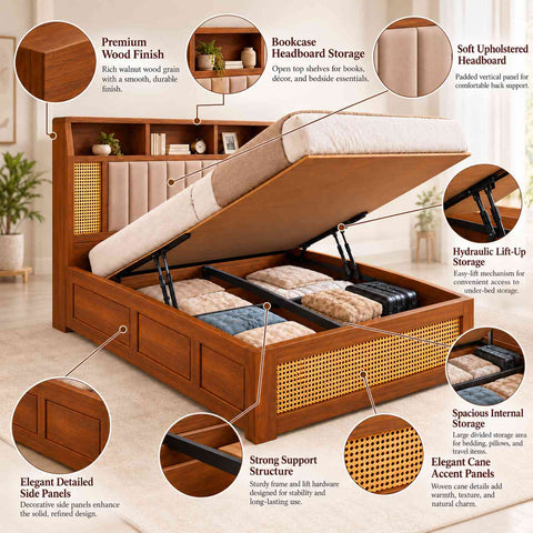 Canejoy Solid Sheesham Wood Hydraulic Bed With Box Storage (King Size, Natural Finish, Design 4)