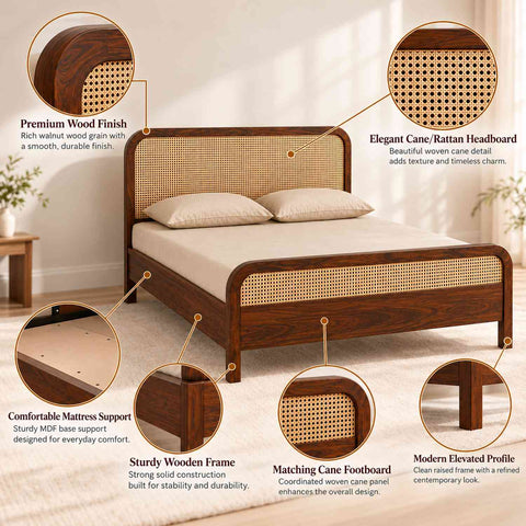 Canejoy Solid Sheesham Wood Bed Without Storage (Queen Size, Walnut Finish)