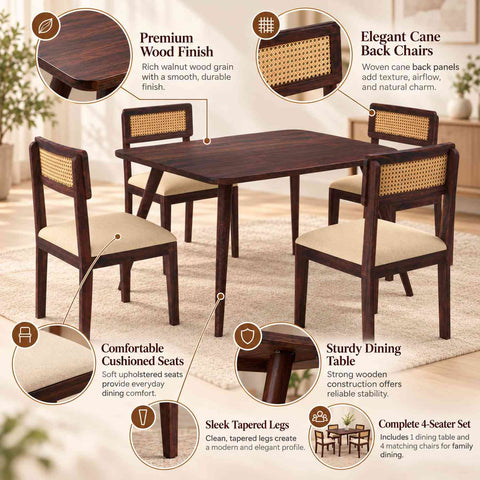 Canejoy Solid Sheesham Wood 4 Seater Dining Table With 4 Chairs (With Cushion, Walnut Finish)