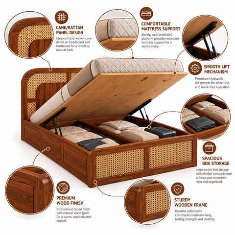 Canejoy Solid Sheesham Wood Hydraulic Bed With Box Storage (King Size, Natural Finish, Design 3)