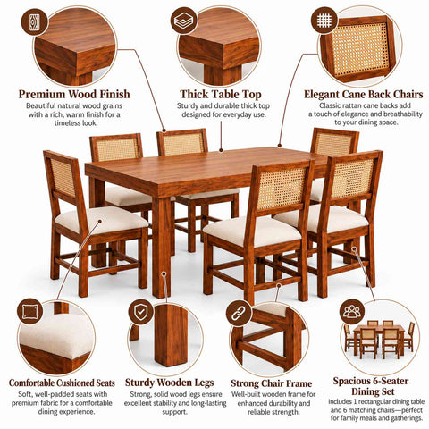 Canejoy Solid Sheesham Wood 6 Seater Dining Table With 6 Chairs (Natural Finish, With Cushion)