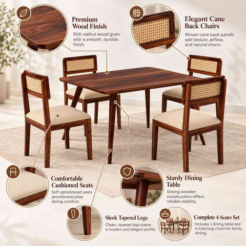 Canejoy Solid Sheesham Wood 4 Seater Dining Table With 4 Chairs (With Cushion, Natural Finish)